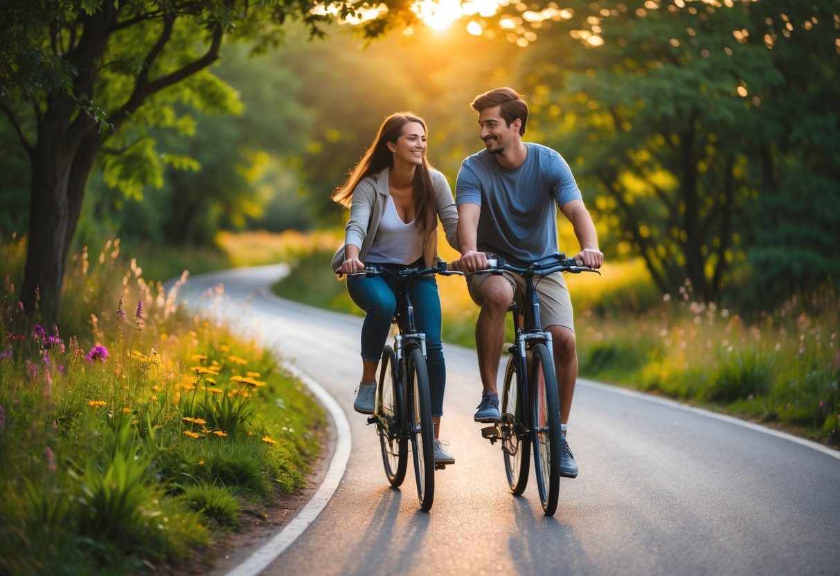 A young couple biking together on a tree-lined scenic path surrounded by wildflowers during sunset.