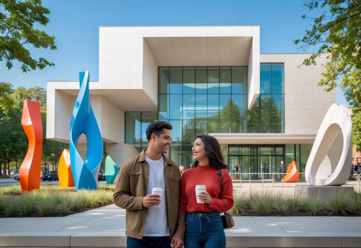 A young couple standing outside a modern art museum, smiling and holding coffee cups.