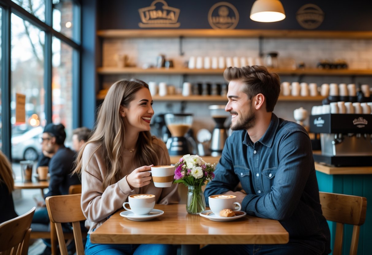 A young couple sitting at a table in a coffee shop, enjoying coffee and smiling at each other.