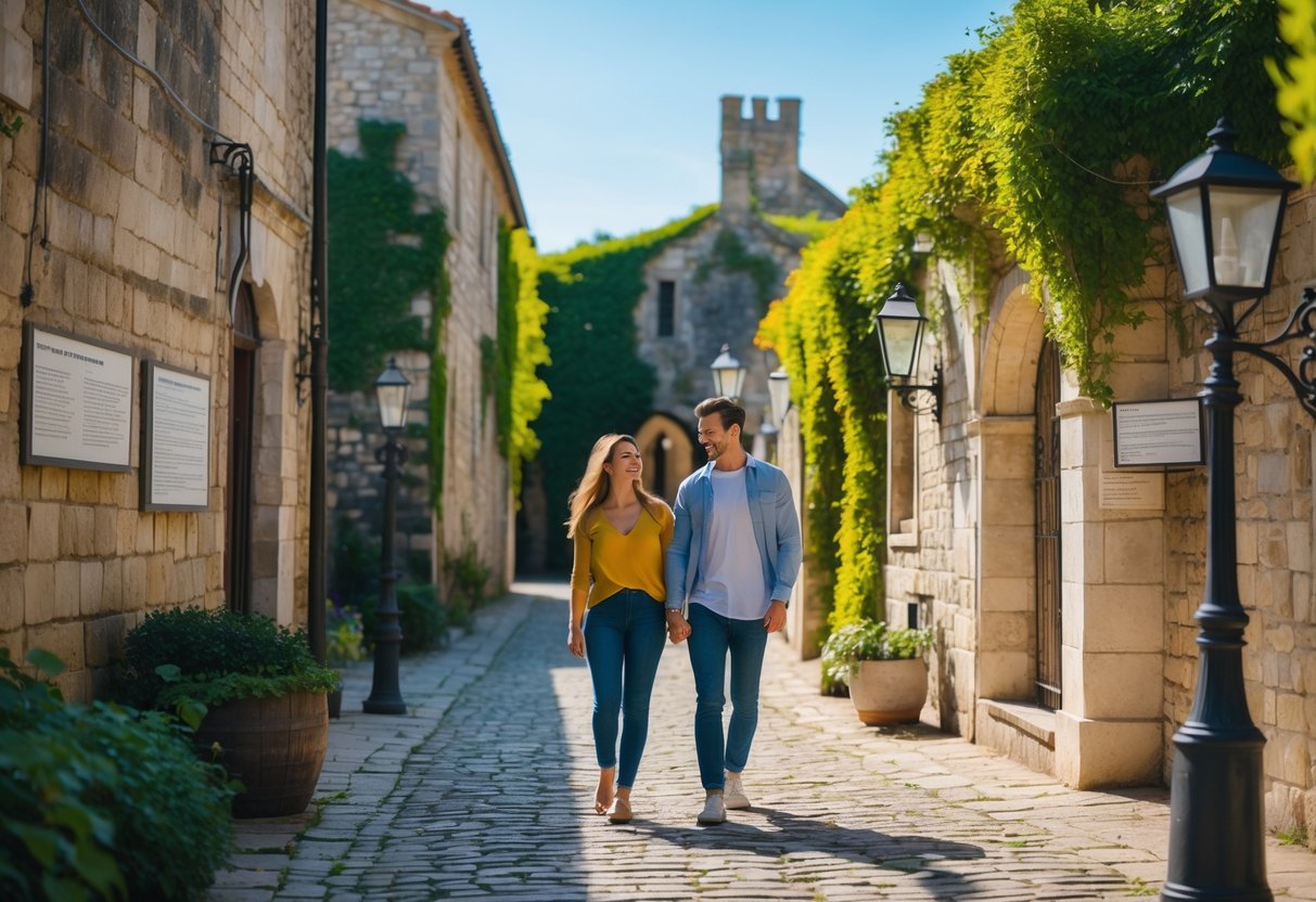 A young couple walking hand-in-hand through a historical site with cobblestone paths and old stone buildings.