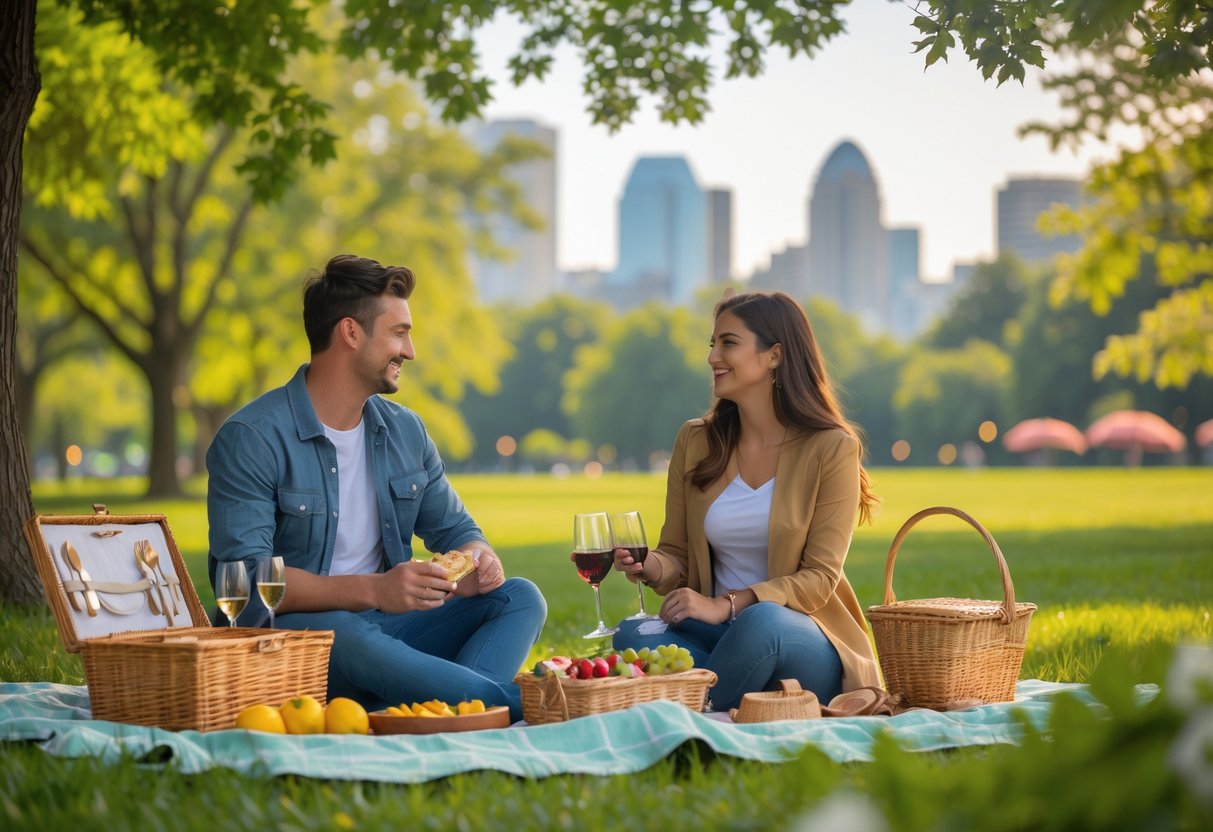 A young couple enjoying a picnic together in a green park with the Raleigh city skyline in the background.