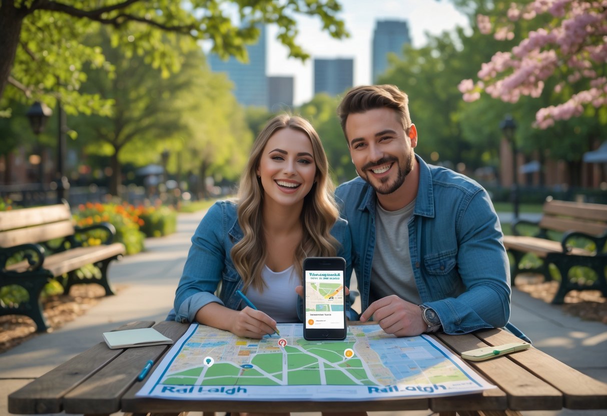 A couple sitting at a picnic table outdoors, looking at a map and smartphone while planning a date in a park with city buildings in the background.