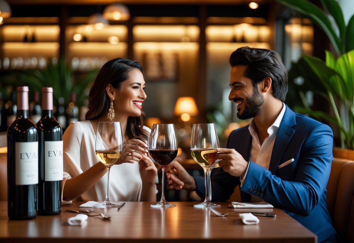 A couple enjoying wine tasting together at a restaurant table with wine glasses and bottles.