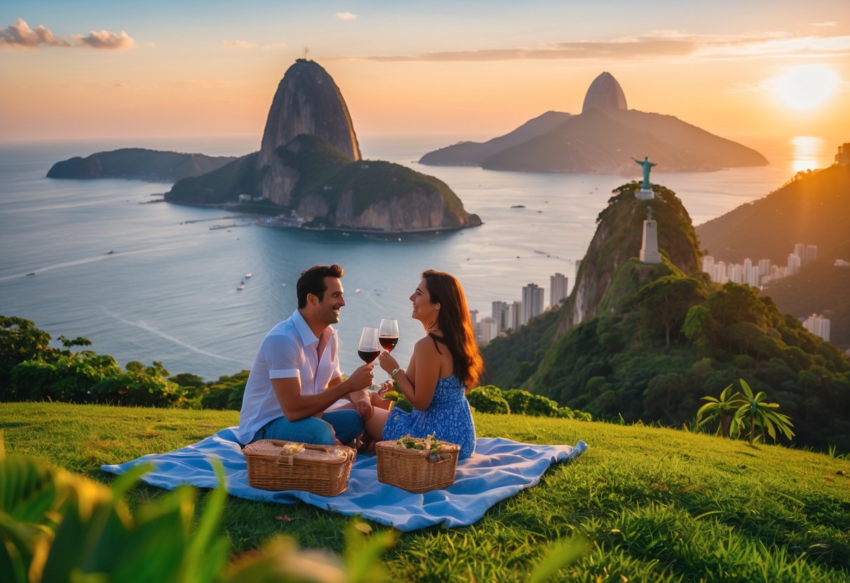 A couple having a picnic on a grassy hill overlooking Rio de Janeiro's Christ the Redeemer statue and Sugarloaf Mountain at sunset.