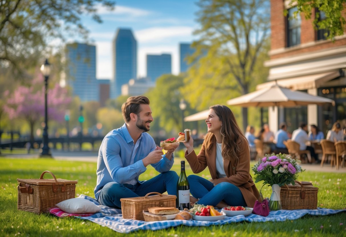 A young couple having a picnic in a green park with the Raleigh skyline in the background.