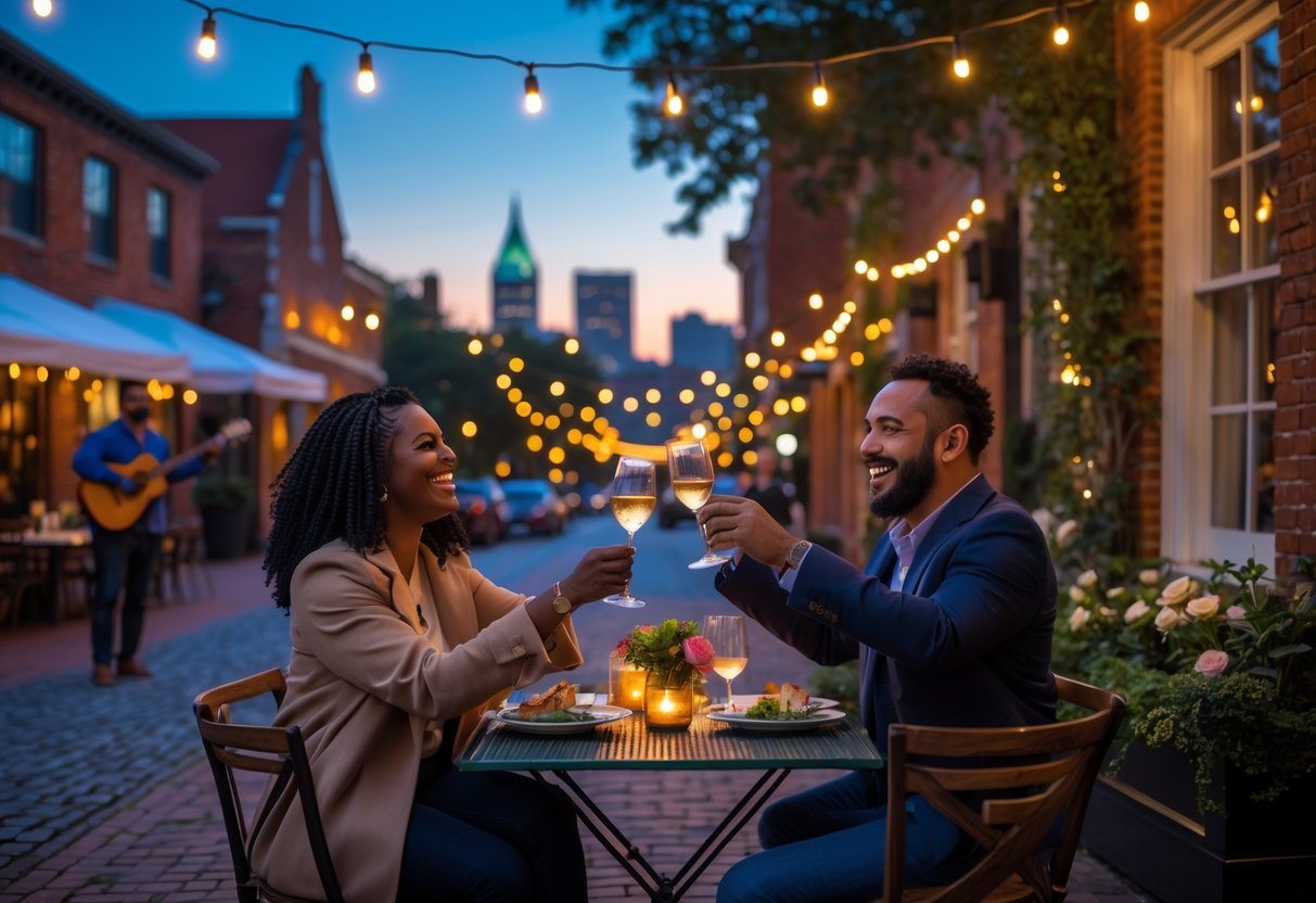 A couple enjoying a romantic outdoor dinner at a restaurant with string lights and the Richmond skyline at twilight in the background.