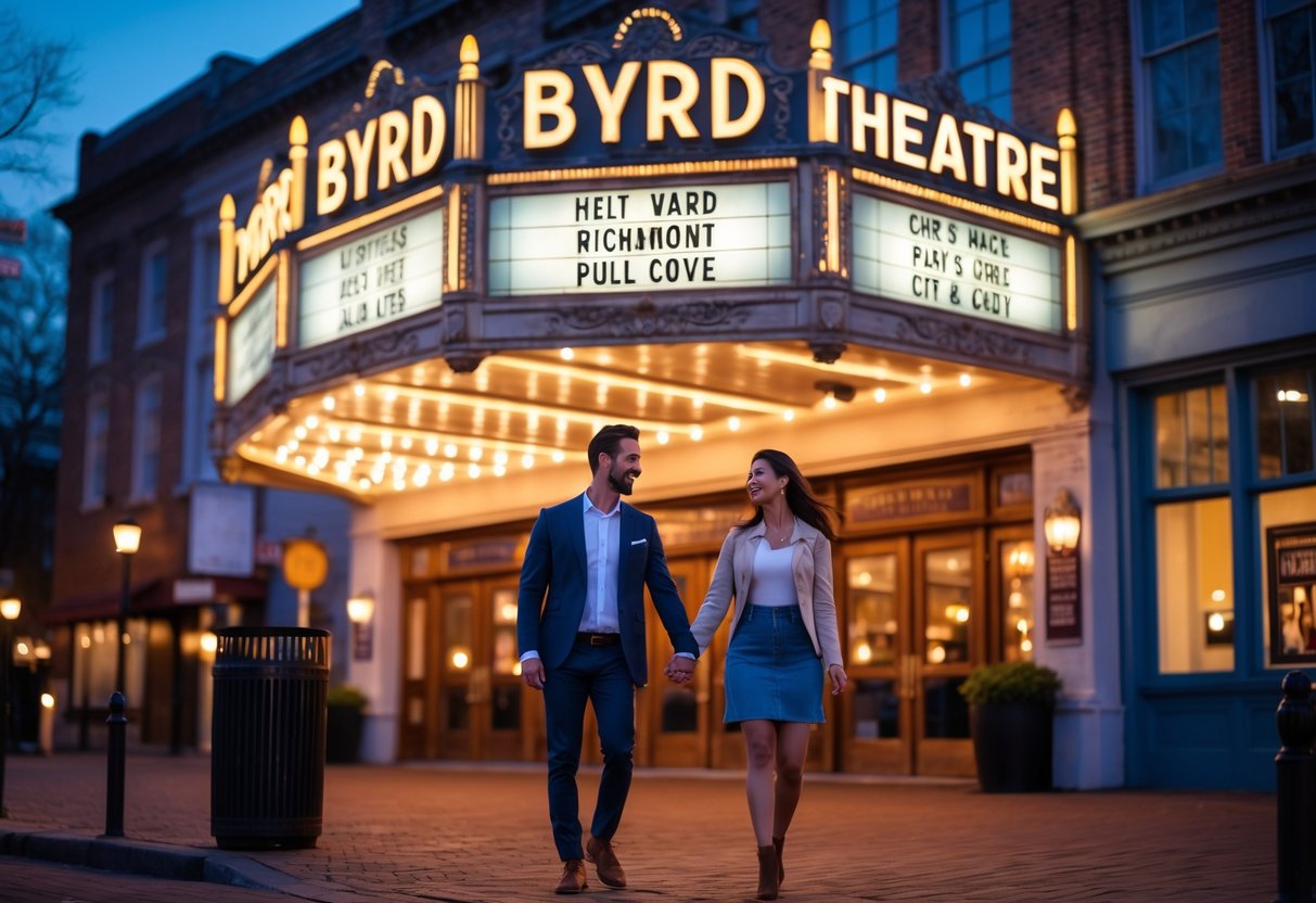 A couple walking hand in hand outside the historic Byrd Theatre in Richmond, Virginia, preparing for a night out at the movies.