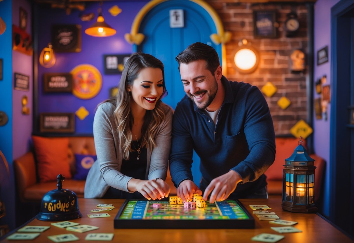 A couple working together to solve puzzles inside a themed escape room.