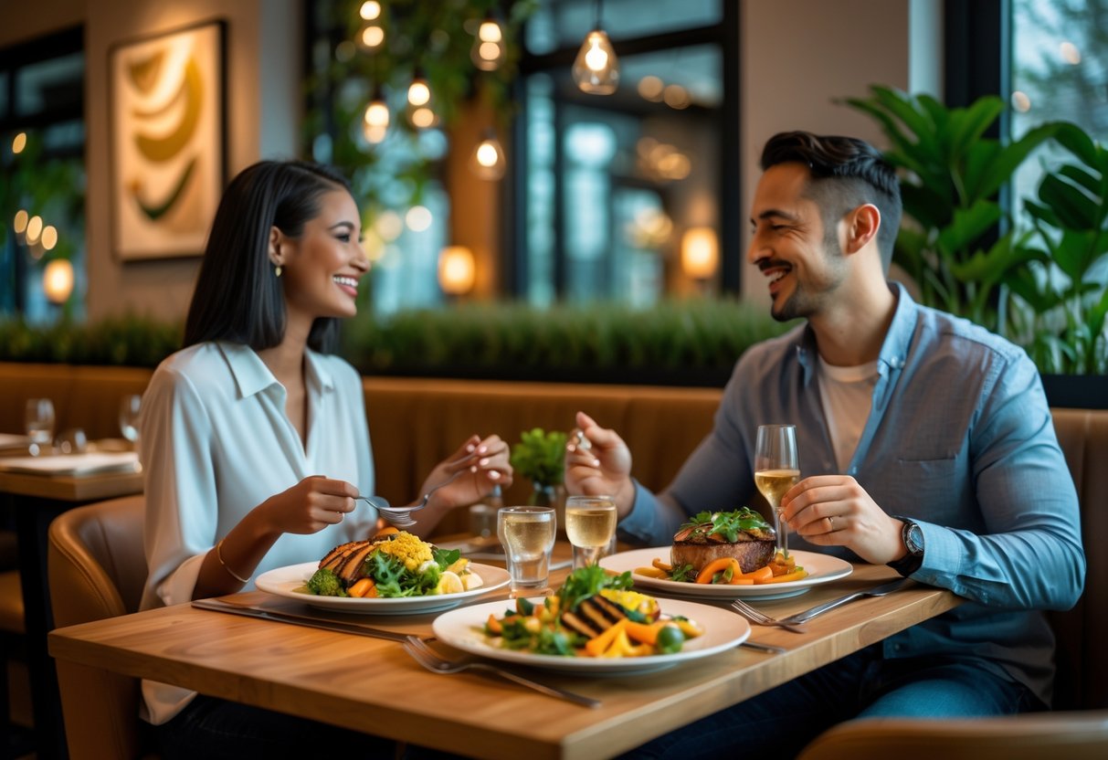 A couple enjoying a gluten-free dinner together at a cozy restaurant table with colorful plates of food.