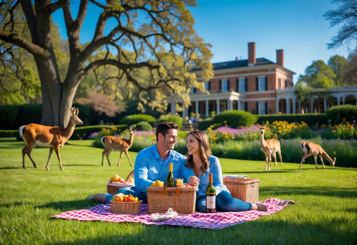 A couple having a picnic on green grass near animals and gardens at Maymont Estate.