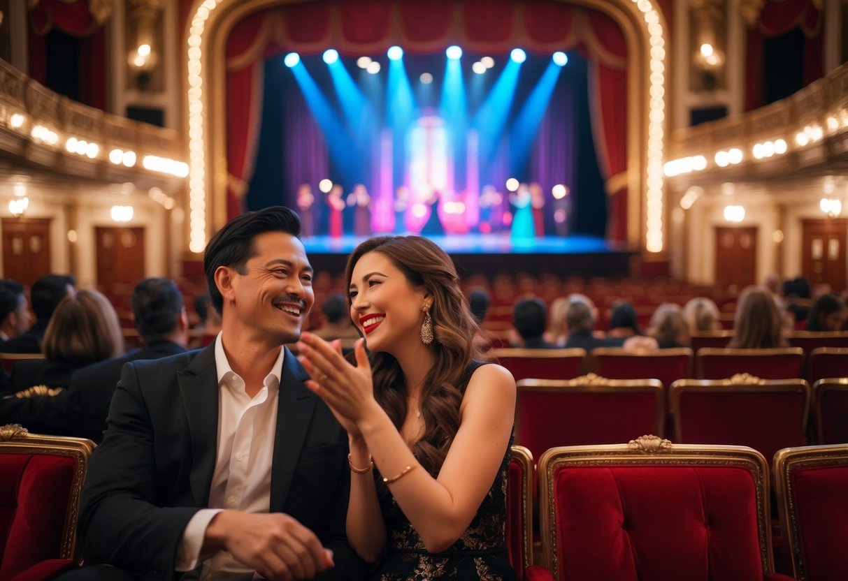 A couple smiling and clapping while seated inside an ornate theater during a live stage performance.