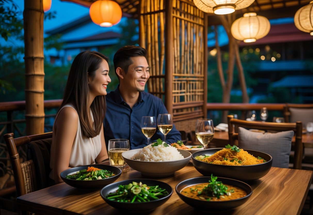 A couple enjoying dinner together at a warmly lit Laotian restaurant with traditional dishes on the table.