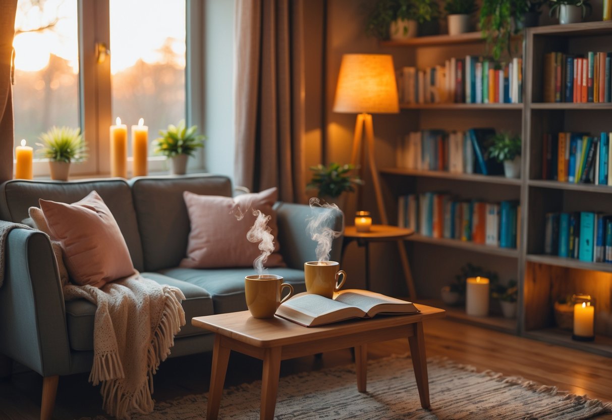 A cozy reading nook with a loveseat, cushions, an open book on a coffee table, two mugs, bookshelves, and plants.