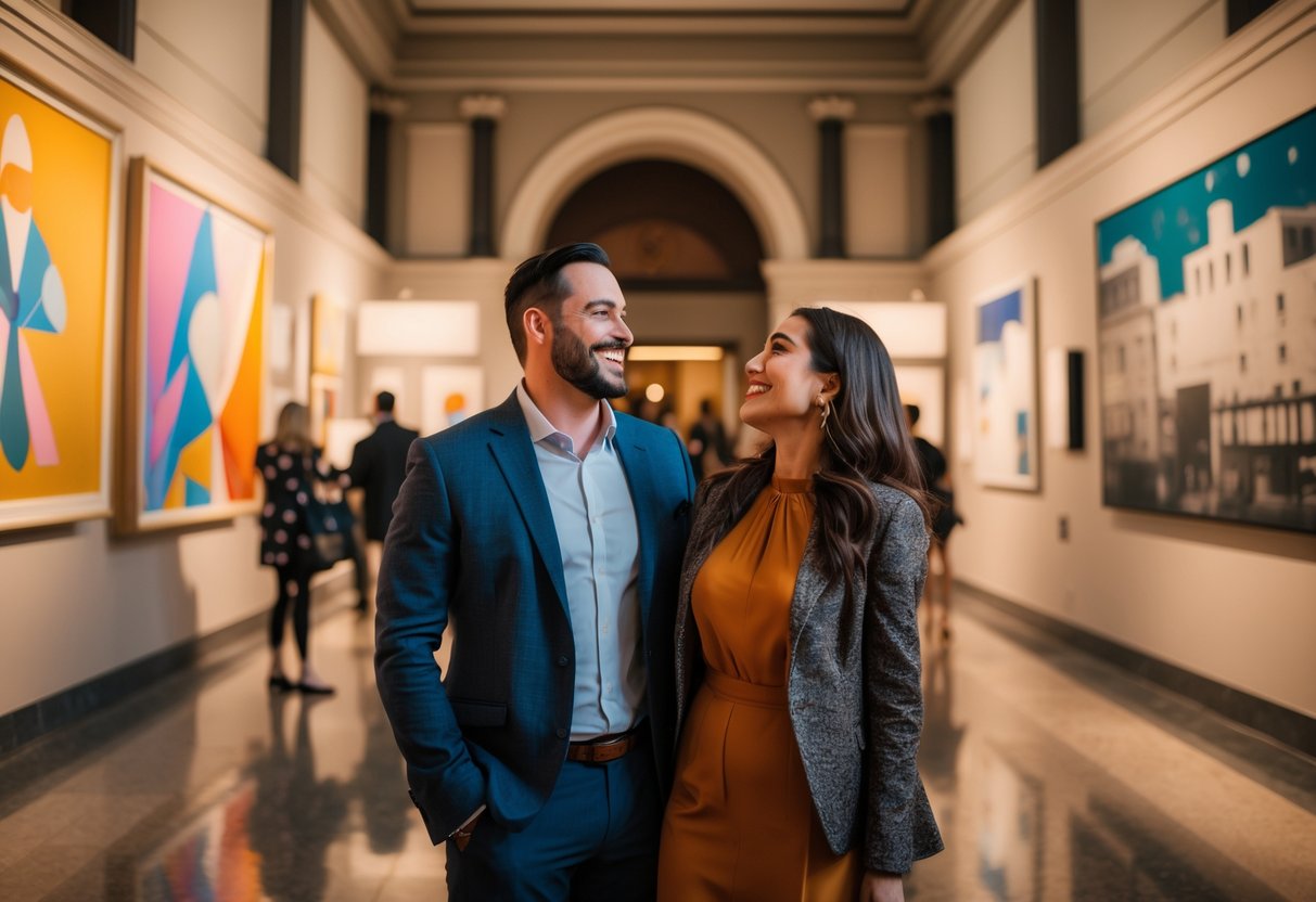 A couple enjoying a date night viewing artwork inside the Virginia Museum of Fine Arts.