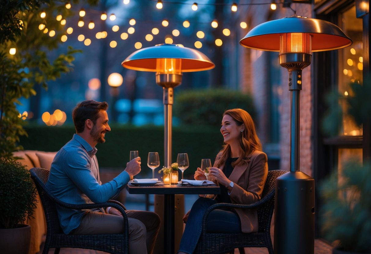 A couple enjoying a warm, cozy outdoor dinner at a small table with heaters and string lights in the evening.