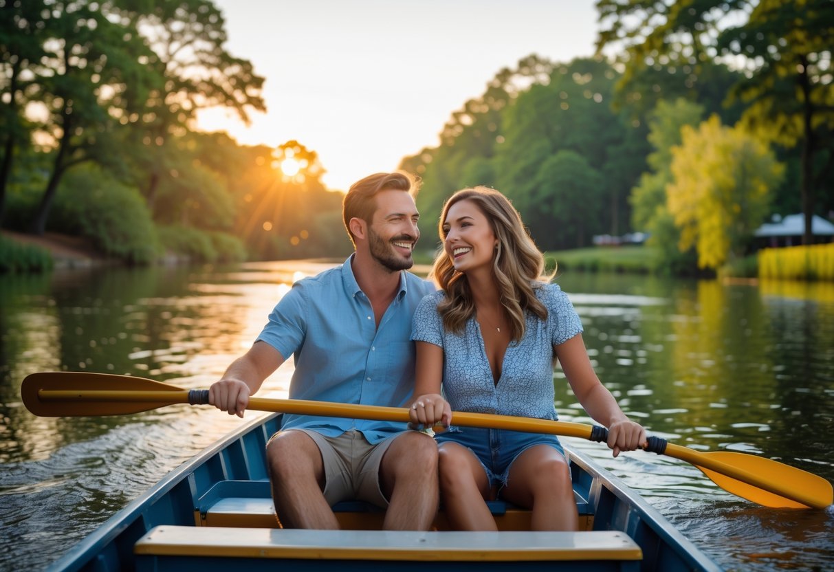 A couple paddling a boat together on a river surrounded by trees at Belle Isle Park.