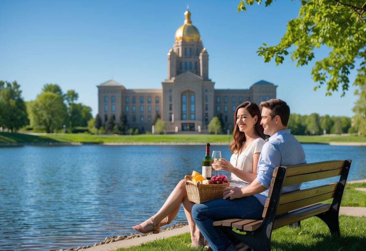 Young couple sharing a picnic on a bench by a lake with a historic building in the background.