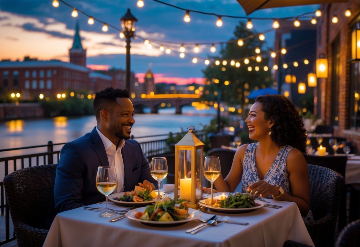A couple enjoying a romantic dinner outdoors at dusk with city buildings and a river in the background.