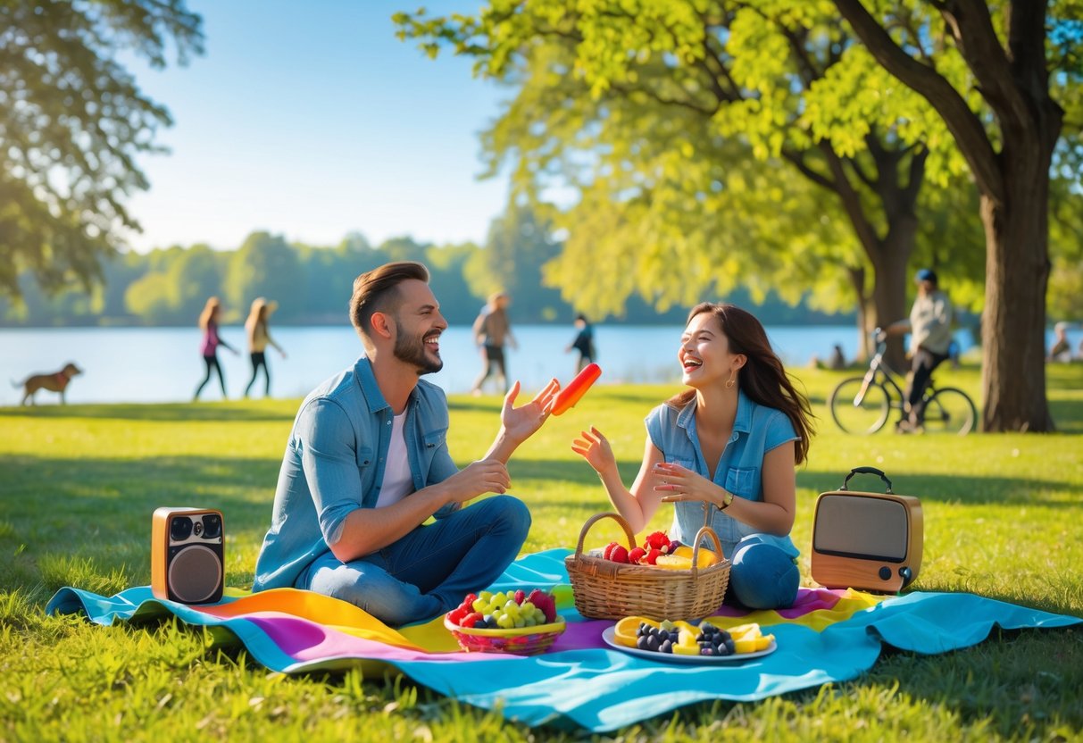 A couple enjoying a picnic and playing frisbee in a sunny park near a lake with trees and people in the background.