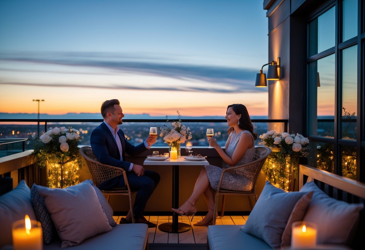 A couple enjoying a romantic rooftop dinner with city views at sunset.