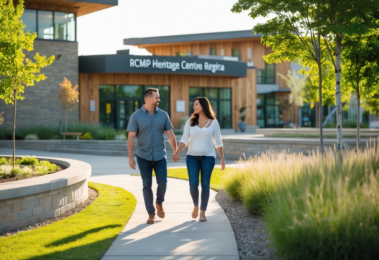 A couple walking hand in hand outside the RCMP Heritage Centre surrounded by greenery and modern buildings.