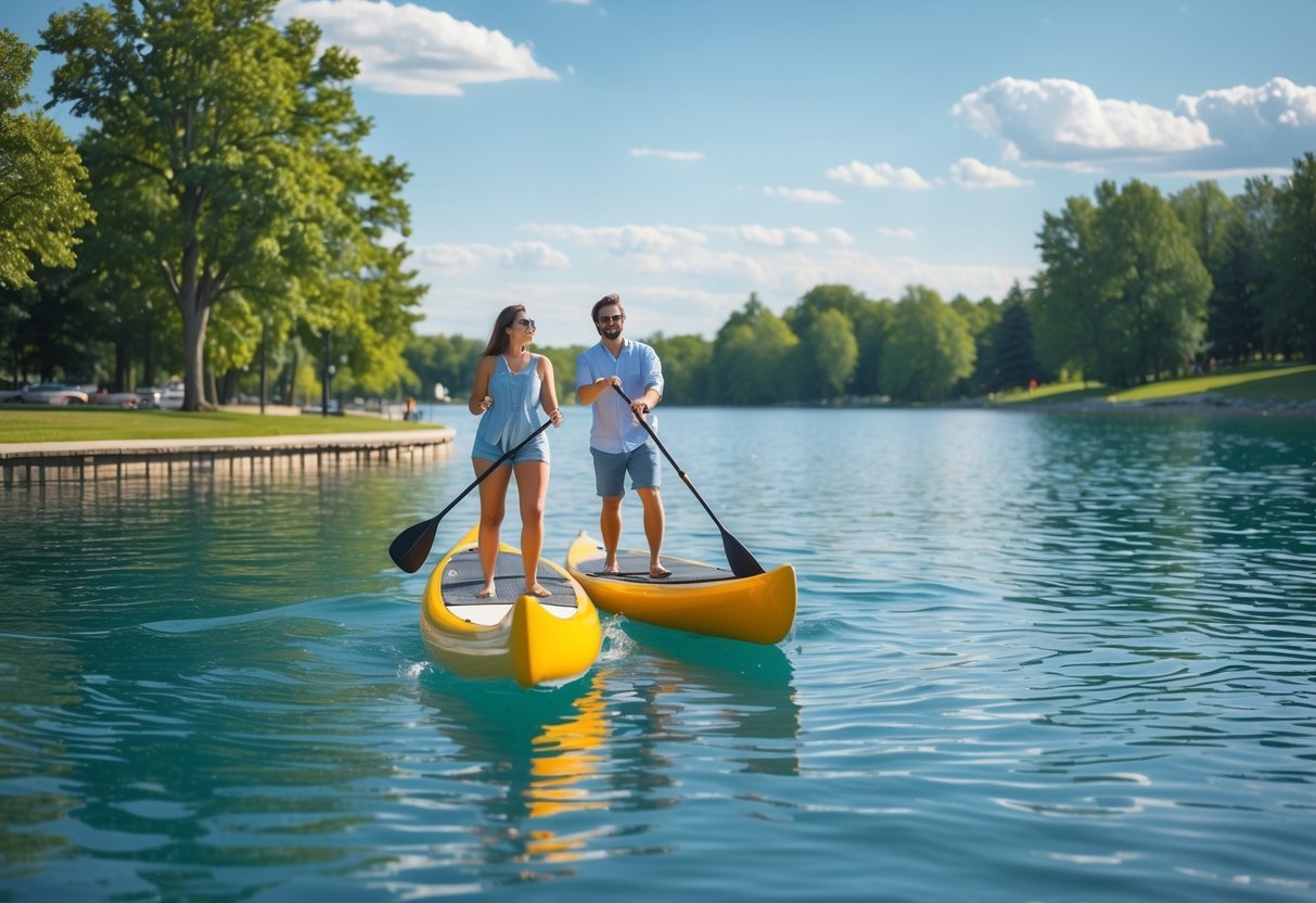 A couple paddling a canoe and a paddleboard on a calm lake surrounded by green trees under a sunny sky.