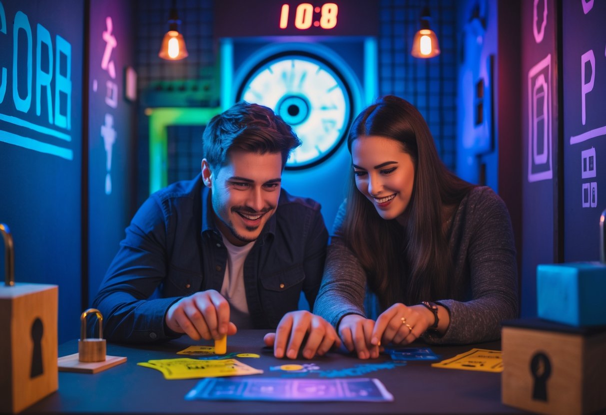 A young couple working together to solve puzzles in an escape room.