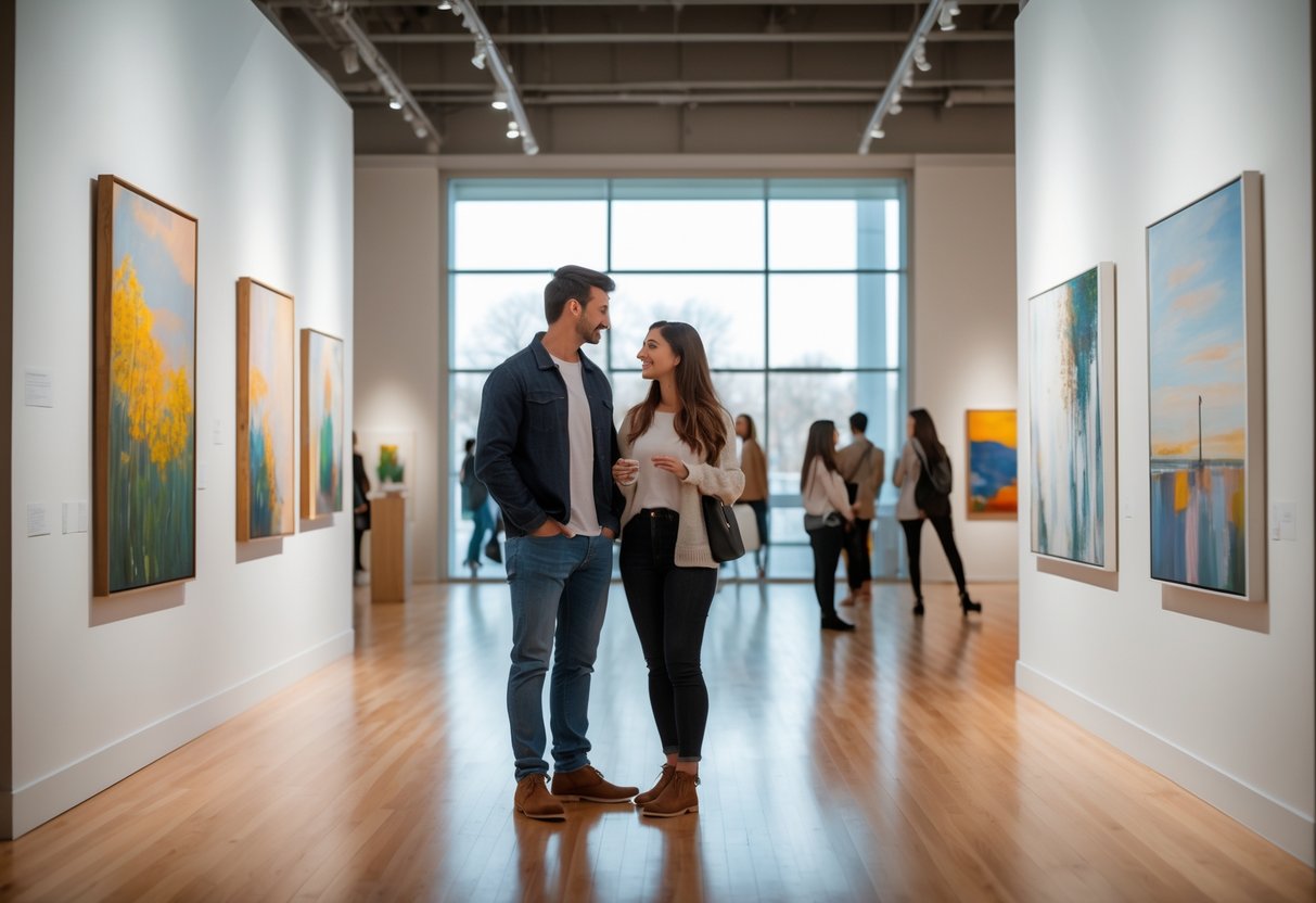 A young couple looking at paintings inside an art gallery with other visitors in the background.