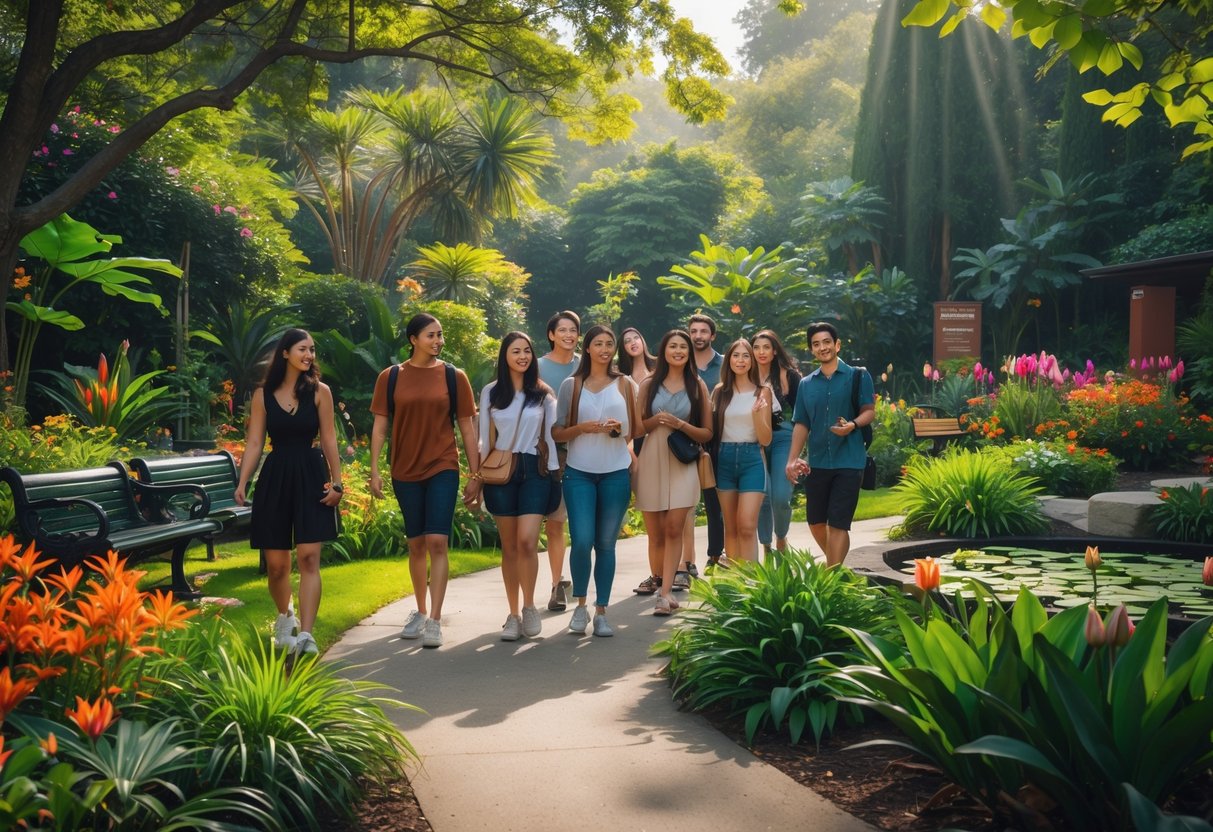 A group of young adults walking and admiring plants in a sunny botanical garden with colorful flowers and green trees.