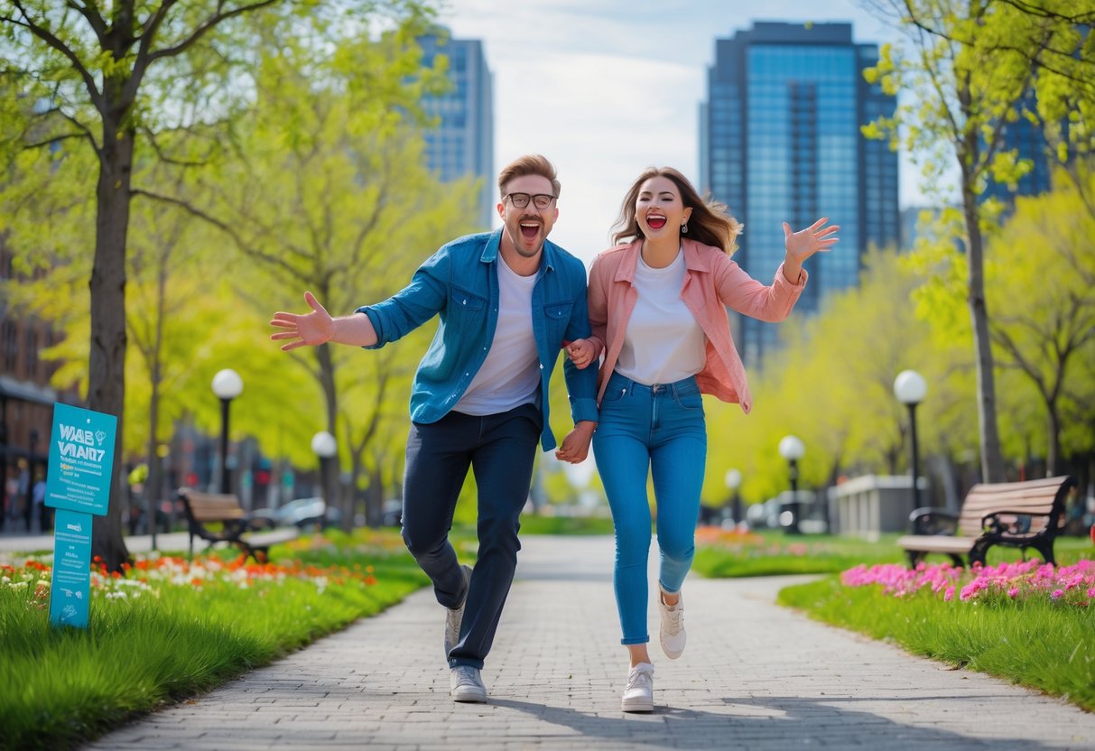A young couple walking playfully in a park with city buildings in the background, enjoying a scavenger hunt.