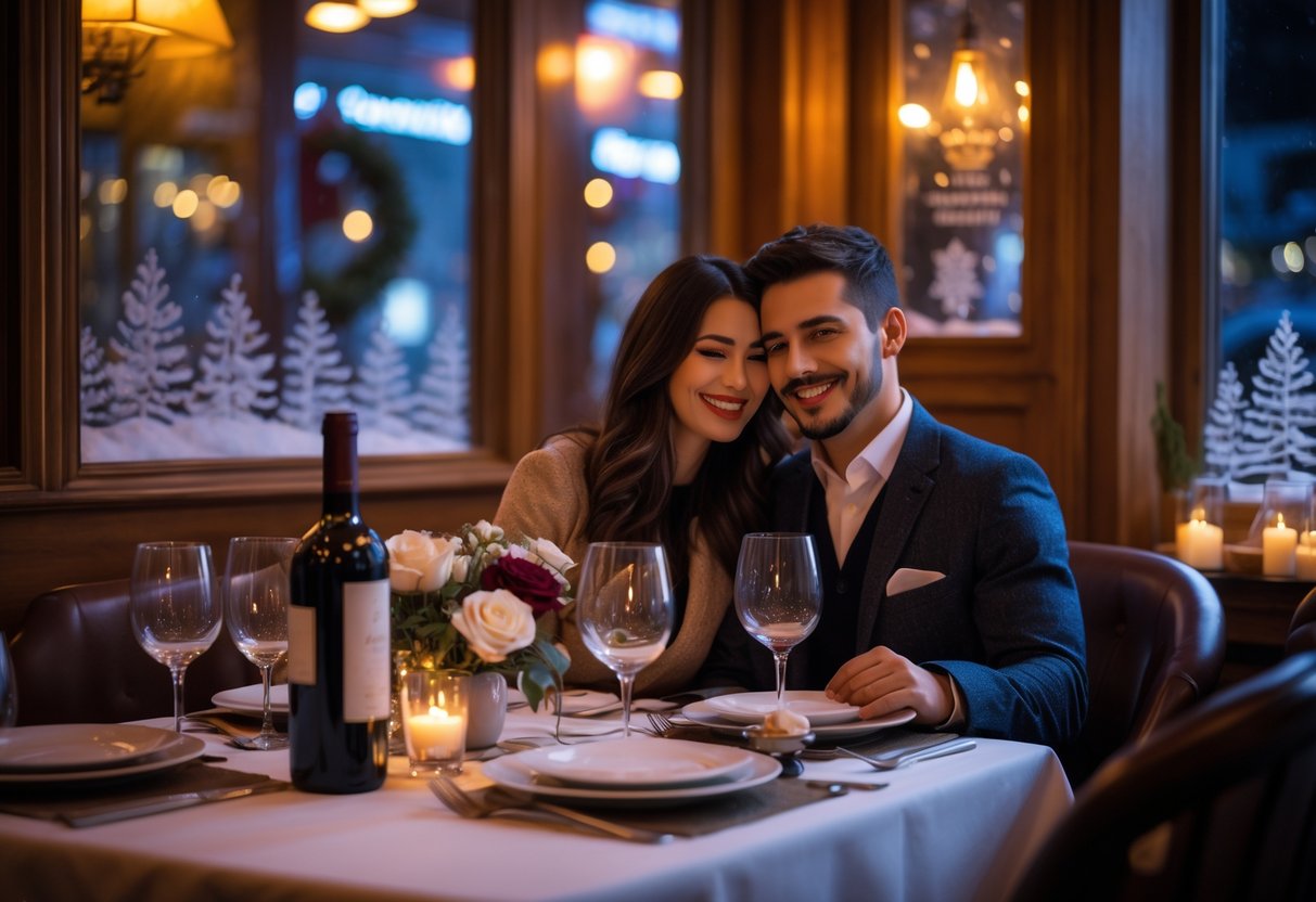 A couple enjoying a romantic dinner at a cozy bistro with candlelight and elegant table settings.