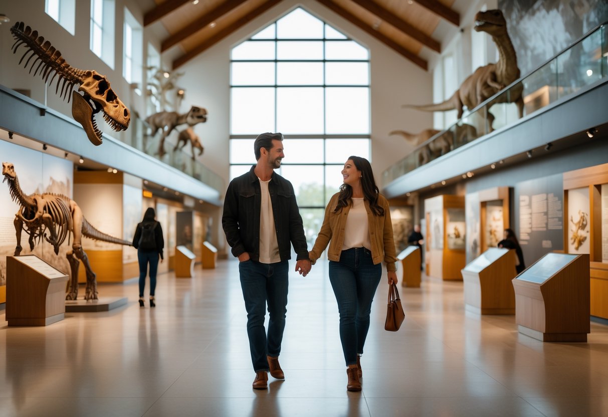 A couple walking hand-in-hand inside a museum gallery with dinosaur skeletons and exhibits around them.