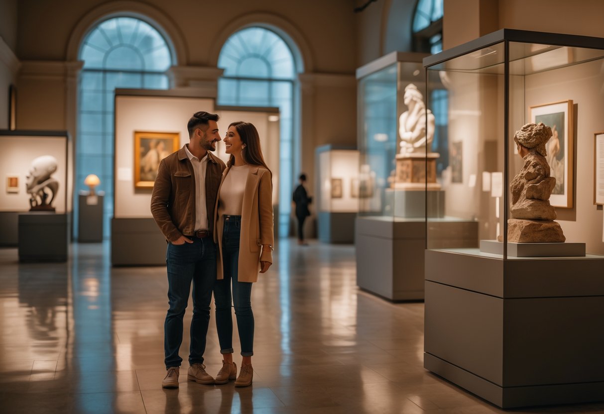 A couple exploring art exhibits together in a dimly lit museum gallery after hours.