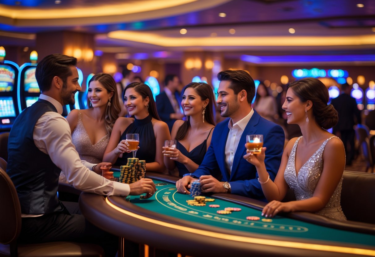 Couples enjoying a lively evening inside a casino with gaming tables, slot machines, and a bar.