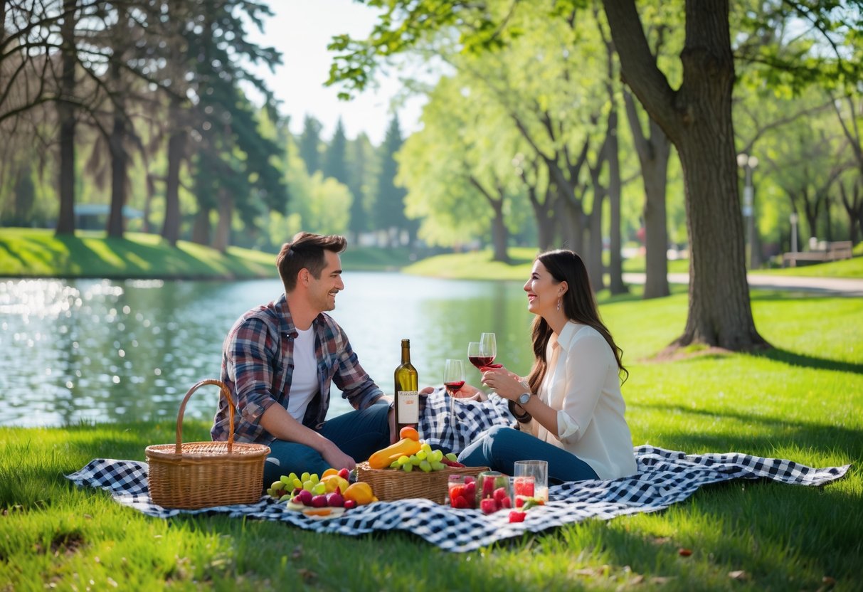 A young couple enjoying a picnic on a blanket near a lake in a green park with trees and pathways.