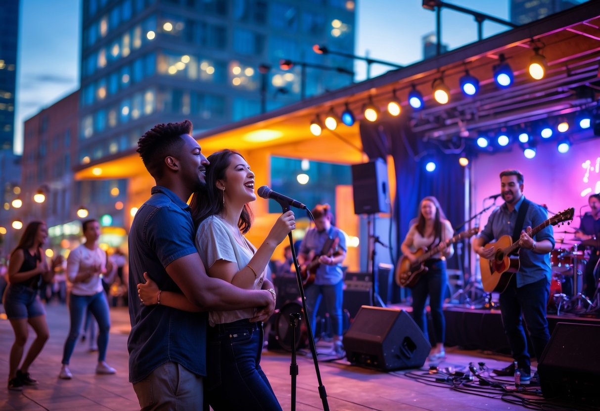 A young couple enjoying a live music performance on an outdoor stage in a downtown area at night.