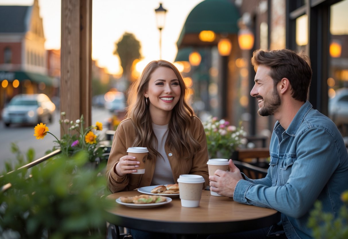 A young couple enjoying a relaxed outdoor cafe date in Regina with local shops and greenery in the background.