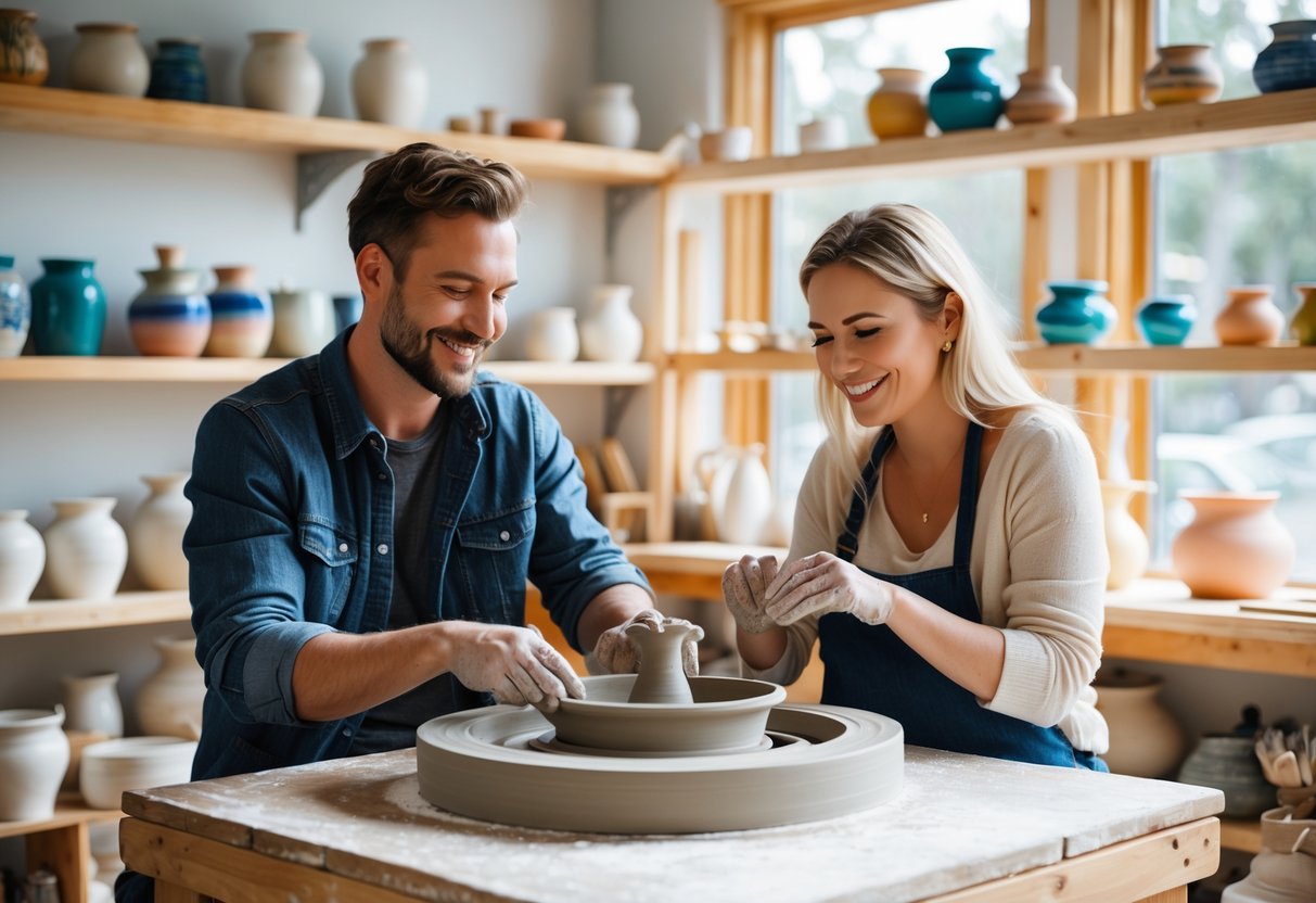 A couple working together on pottery wheels in a bright pottery studio surrounded by shelves of ceramic pots and tools.