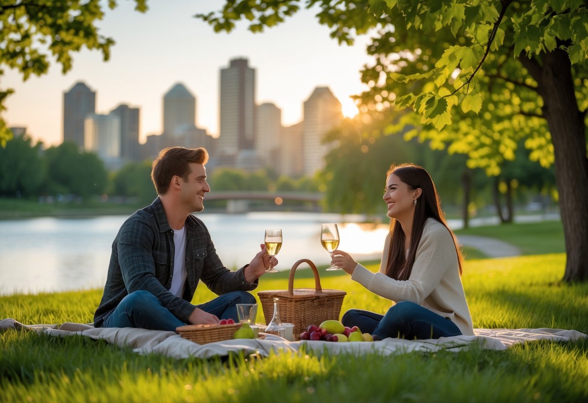 A young couple having a picnic in a green park with the Saskatoon skyline in the background during sunset.