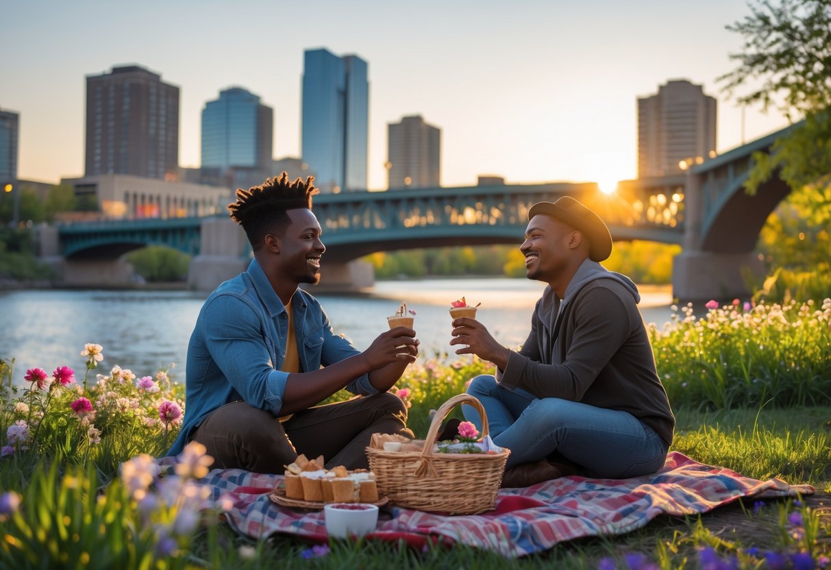 A young couple enjoying a picnic together near a river with a city skyline in the background.