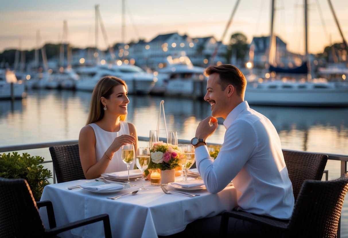 Couple enjoying a romantic dinner at an outdoor waterfront restaurant with boats docked in the background.