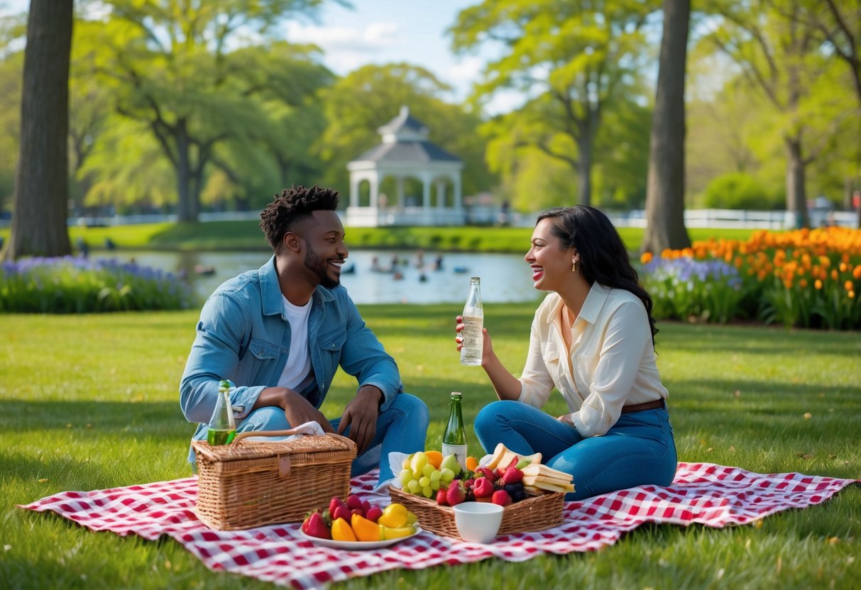A young couple having a picnic on a blanket in a green park near a pond with trees and flowers around them.