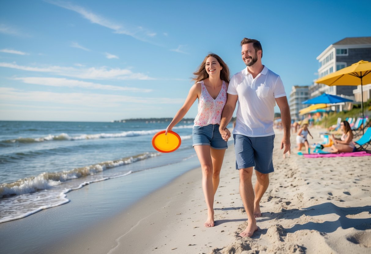 A couple enjoying a sunny day on a sandy beach with ocean waves in the background.