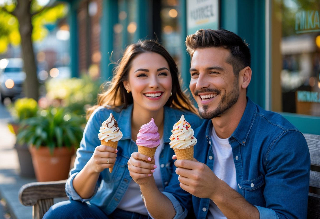 A couple sitting outdoors enjoying colorful gelato cones on a sunny day in Providence.