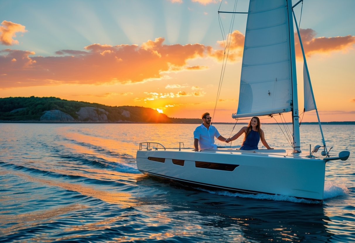 A couple enjoying a sunset boat ride near Block Island with colorful sky and calm water.