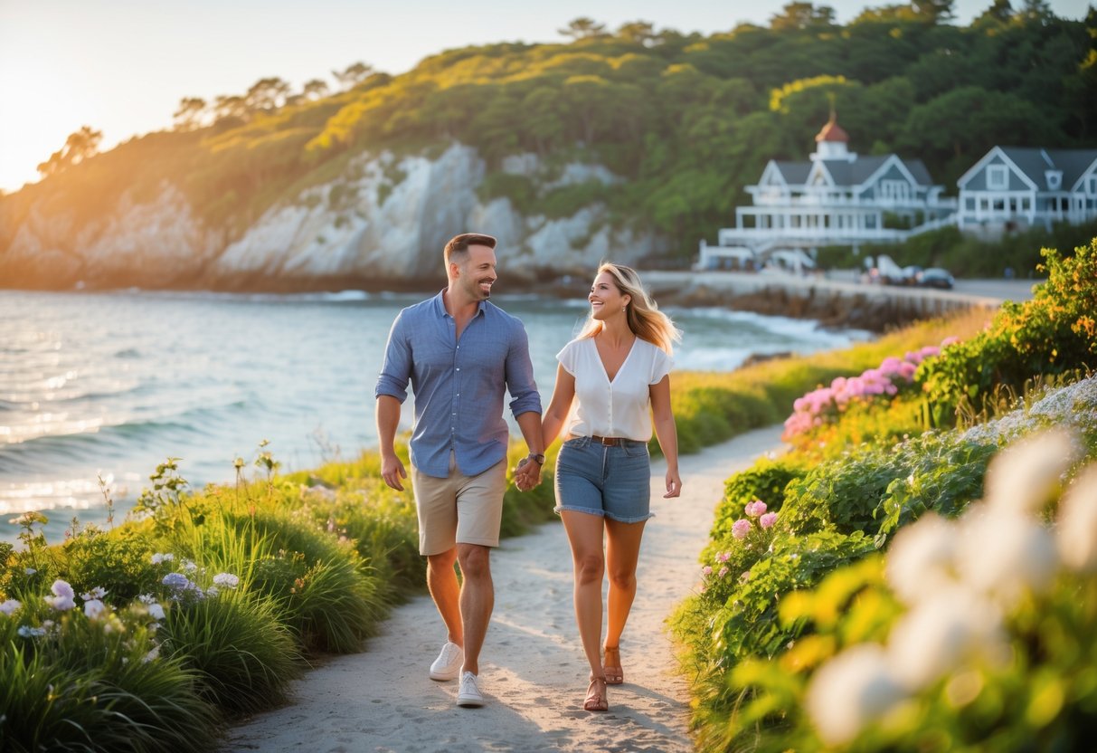 A couple walking hand-in-hand along a scenic coastal path with ocean waves and greenery in the background.