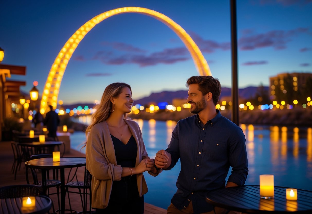 A young couple holding hands and smiling near the illuminated Reno Arch at dusk with city lights and a river in the background.