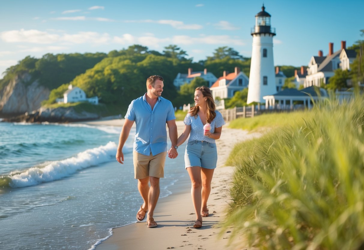 A couple walking hand-in-hand along a sandy beach with a lighthouse and seaside town in the background.