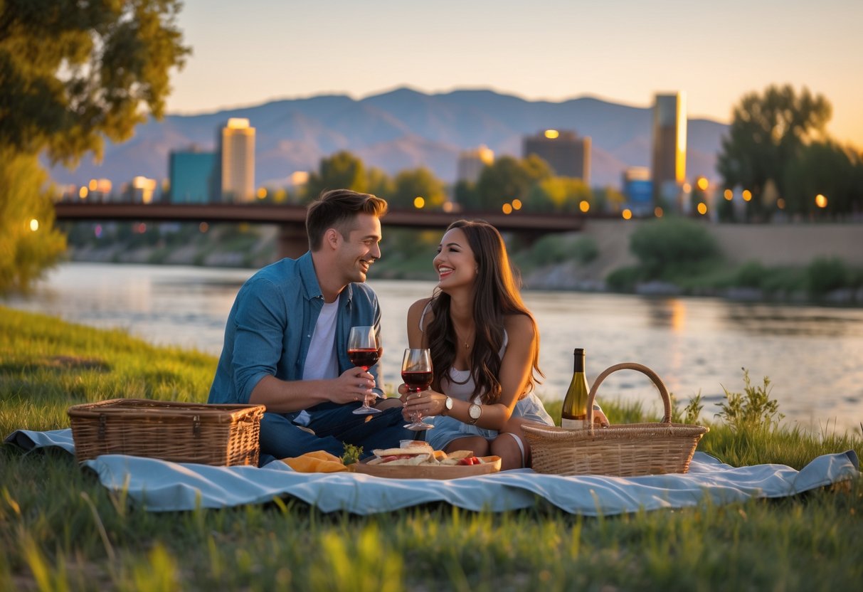 A young couple having a picnic by a river with mountains and city buildings in the background during sunset.