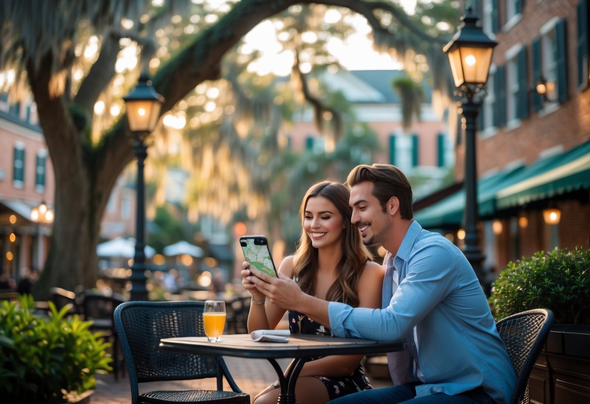 A couple sitting at an outdoor café table under oak trees in Savannah, looking at a map together.